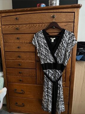White House Black Market Black and White Printed Wrap Midi Dress